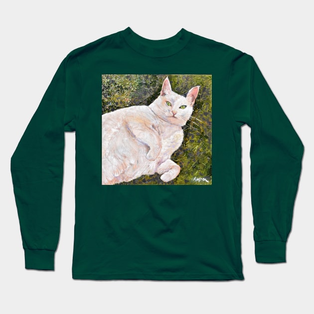 White Cat on Grass Long Sleeve T-Shirt by VTMAKESMEHAPPY